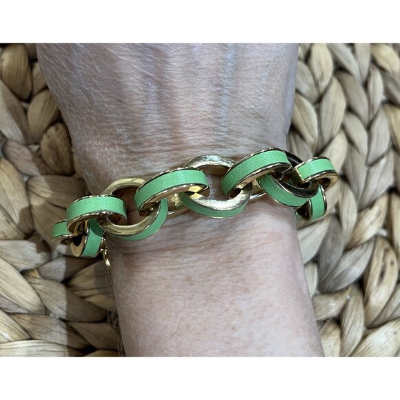 Designer Inspired Gold Tone Green Rolo Chain Chunky Bracelet Toggle Heavy NICE - Picture 1 of 4